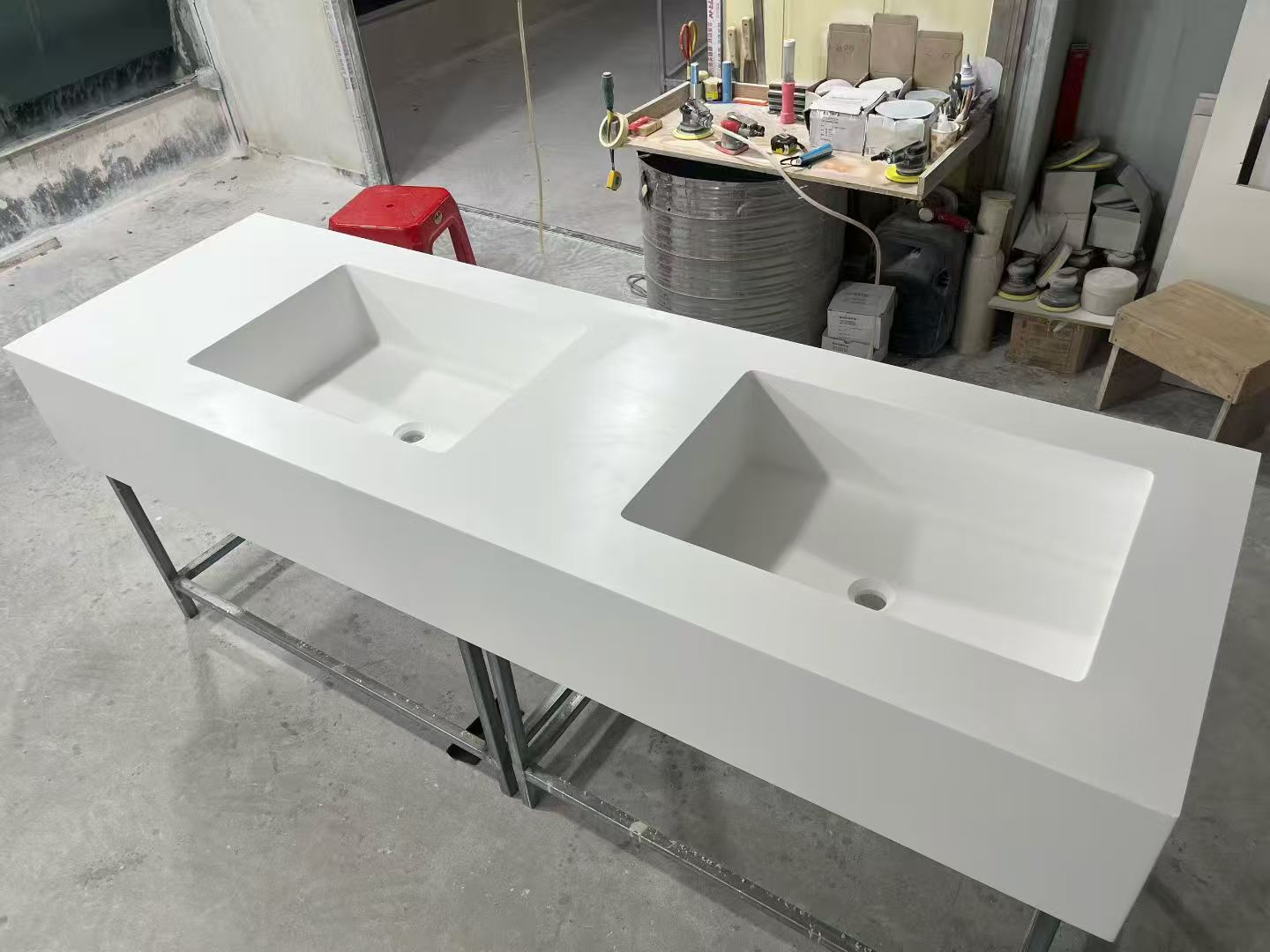 Custom solid surface sink workshop production