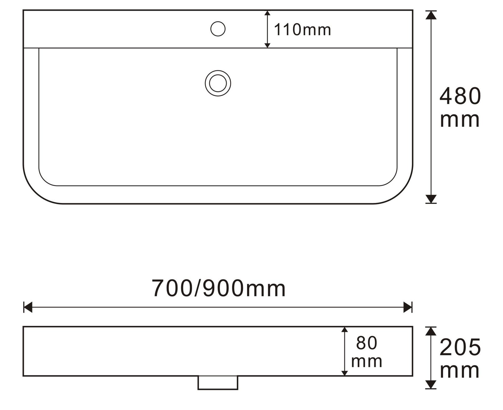 1108 White Rectangular Solid Surface Countertop Basin technical drawing and dimensions