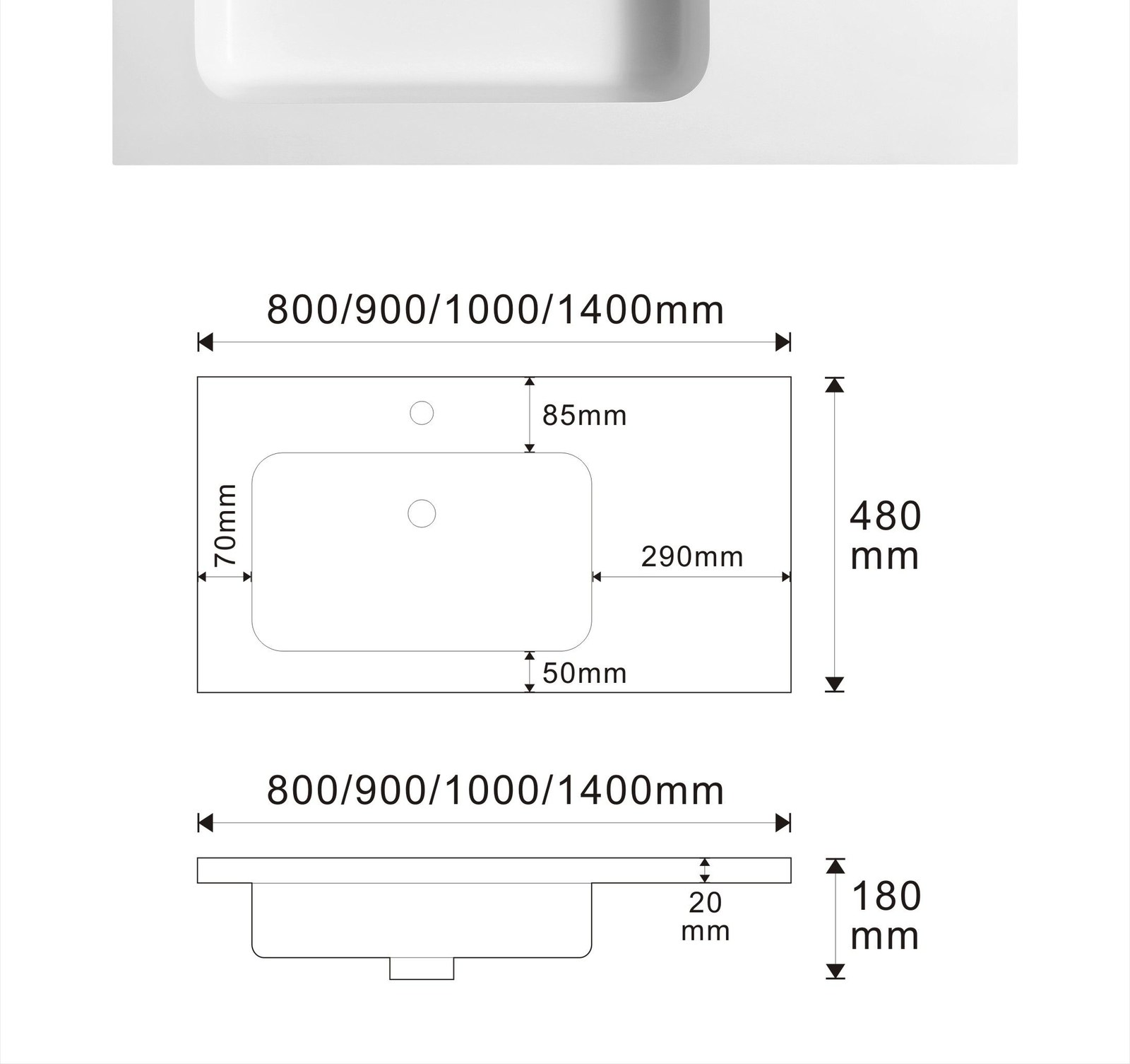 1901 White Rectangular Solid Surface Undermount Basin technical drawing and dimensions