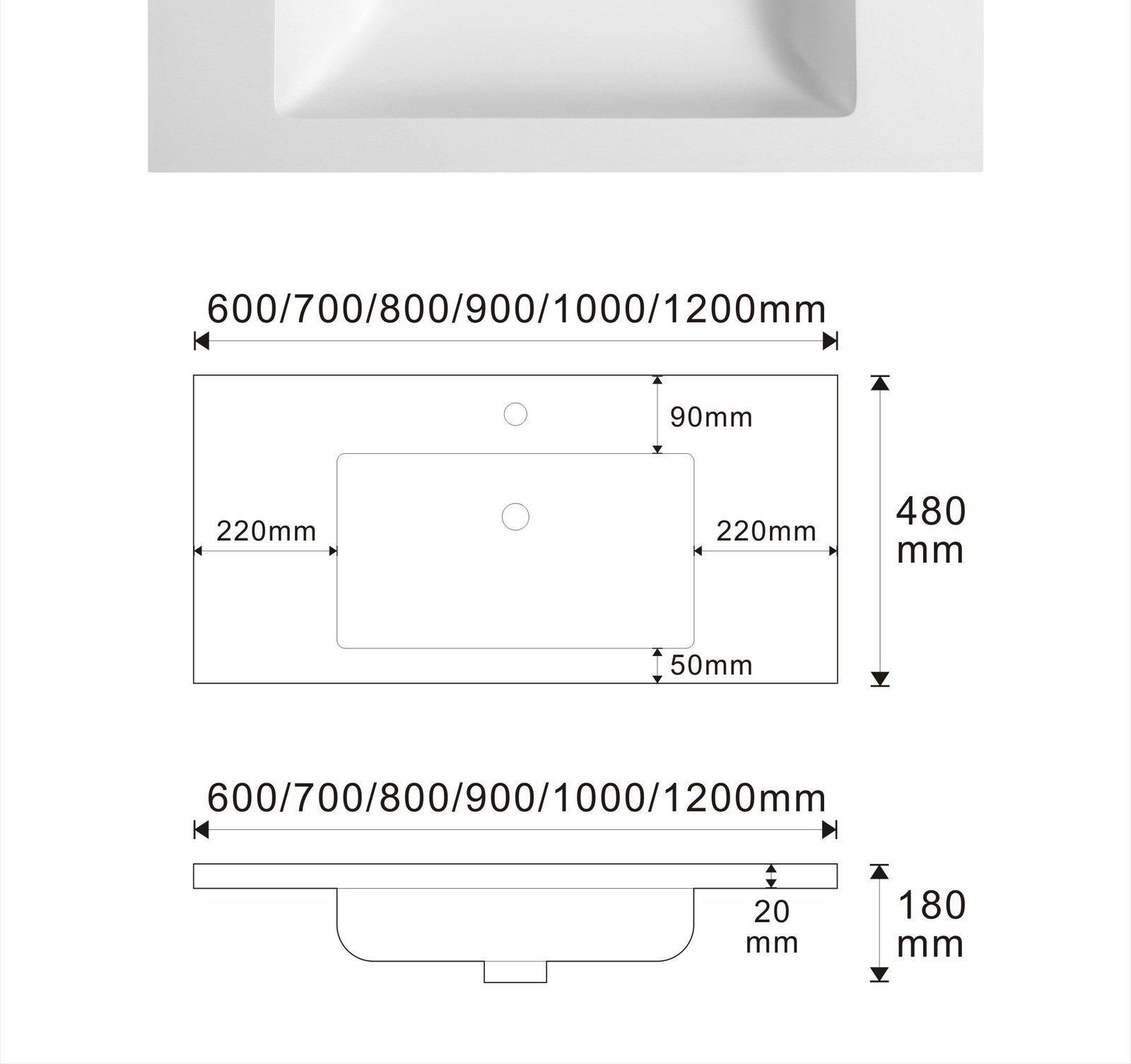 1902 White Compact Rectangular Solid Surface Undermount Basin technical drawing and dimensions