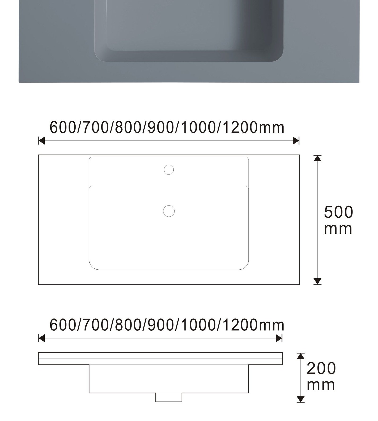 1903 Grey Long Rectangular Solid Surface Undermount Basin technical drawing and dimensions