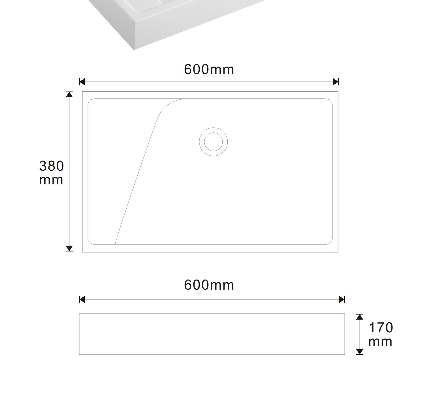 1909 White Asymmetric Solid Surface Vanity Basin with Right Bowl technical drawing and dimensions