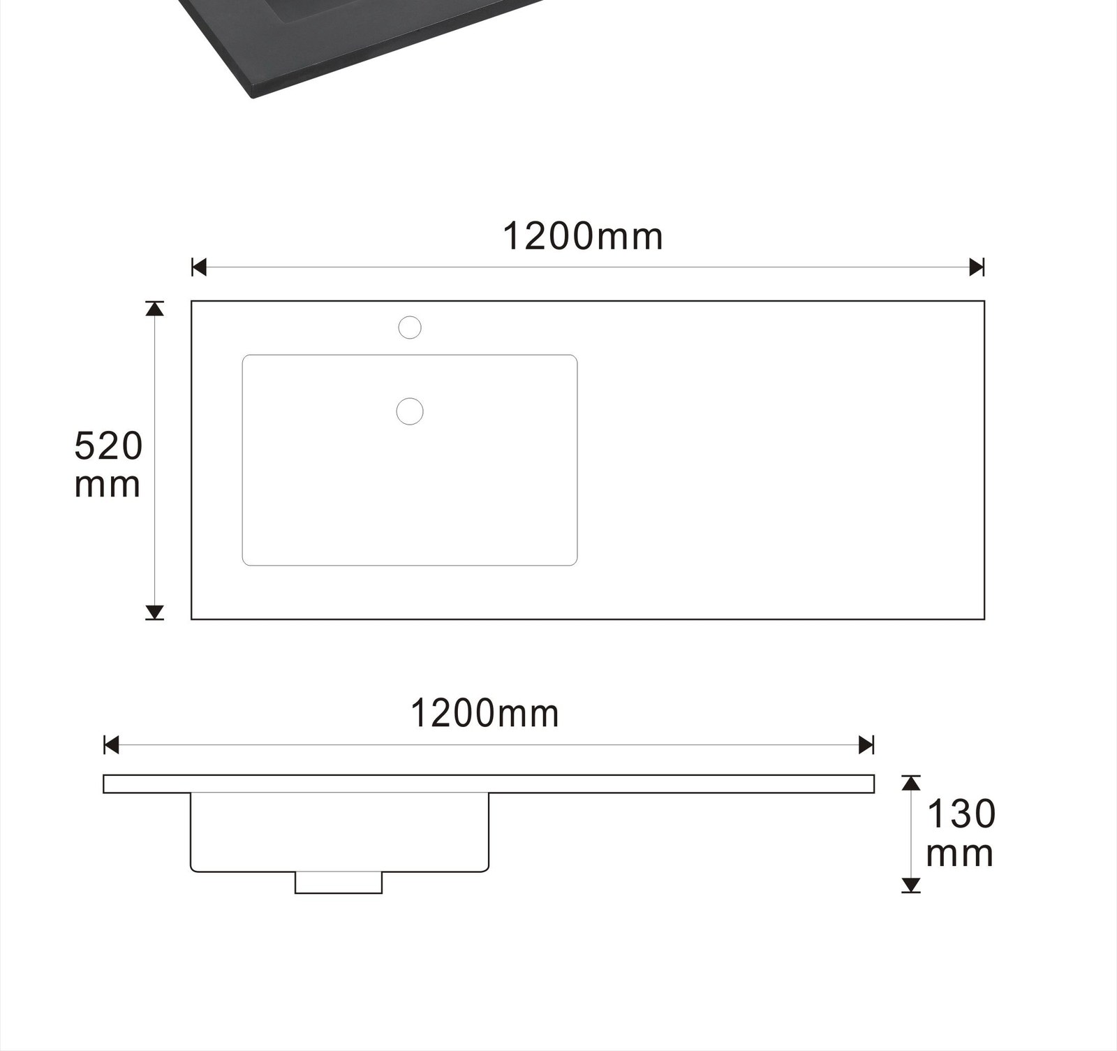 2001 Black Long Rectangular Solid Surface Integrated Vanity Basin with Left Bowl technical drawing and dimensions