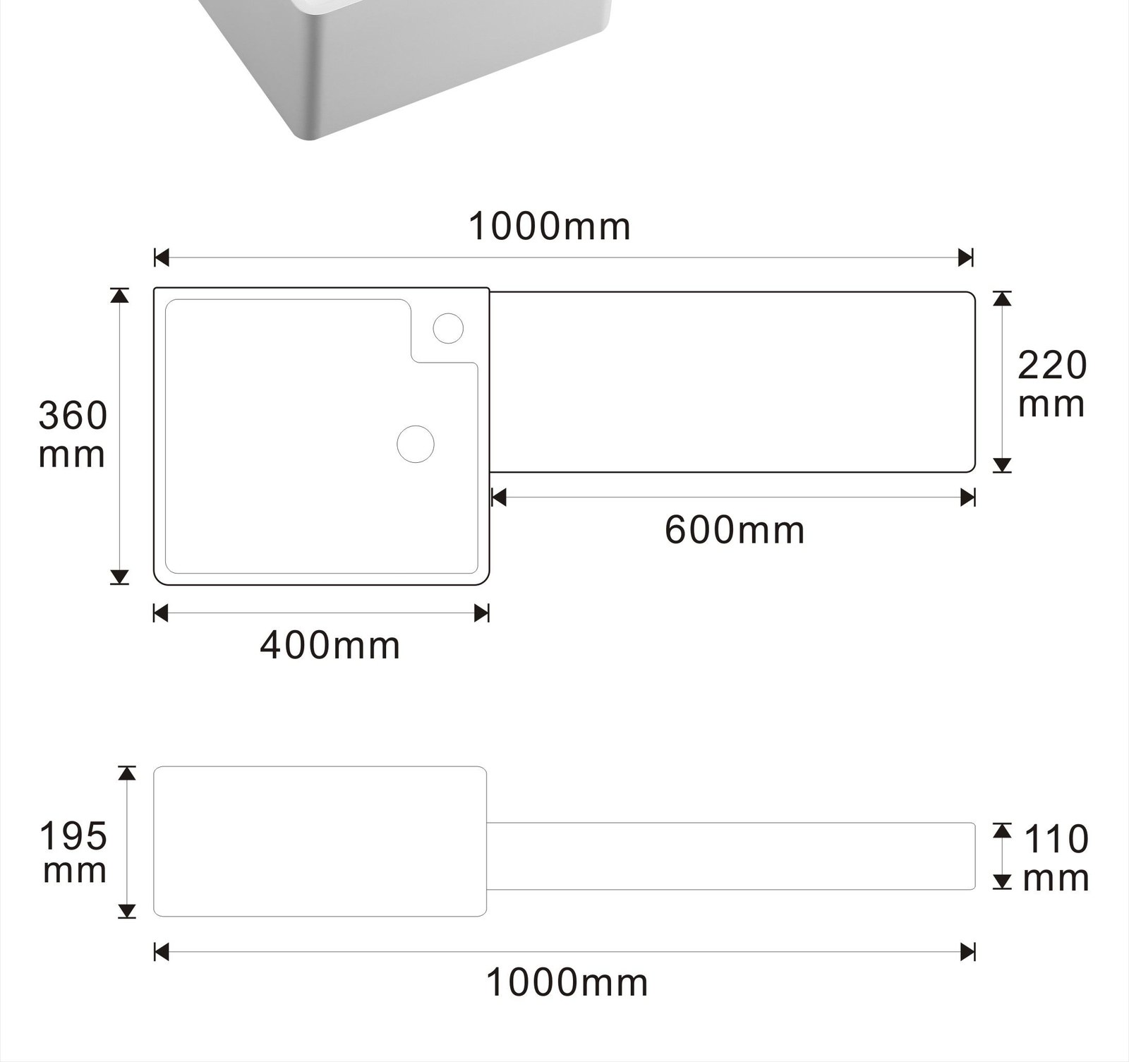 2002 White Rectangular Solid Surface Vanity Basin technical drawing and dimensions