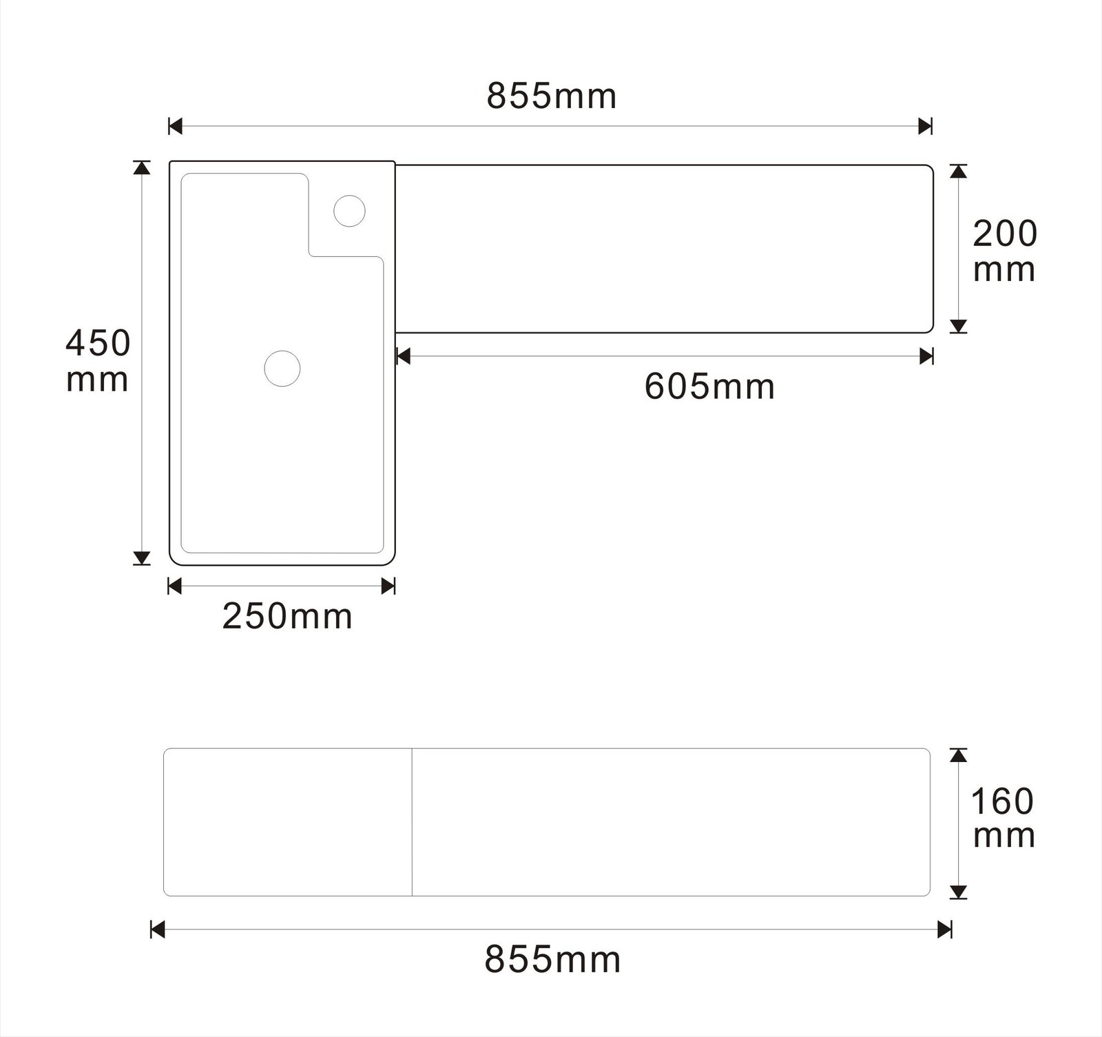 2003 White L-Shaped Solid Surface Vanity Basin technical drawing and dimensions