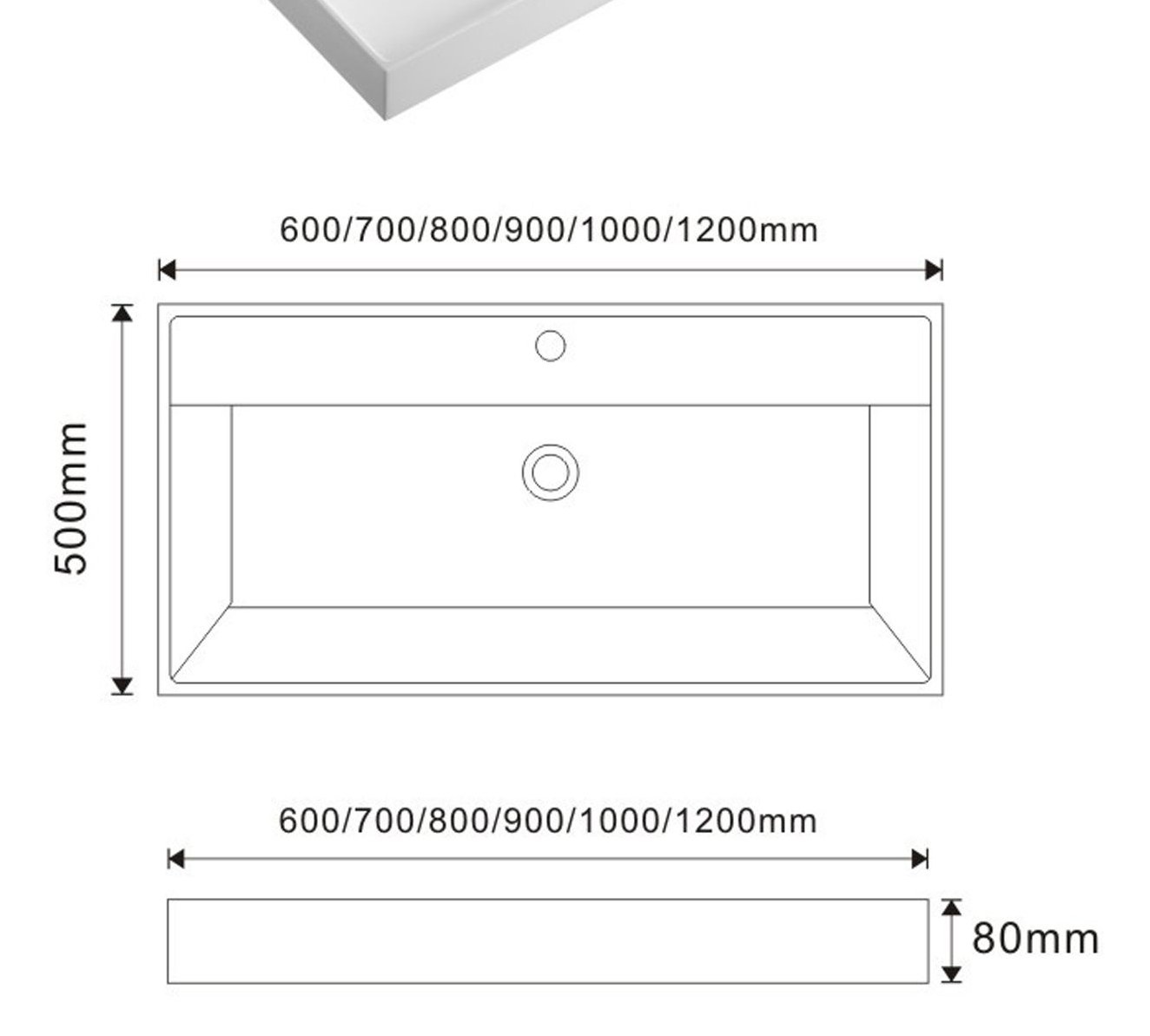 2006 White Rectangular Solid Surface Integrated Vanity Basin technical drawing and dimensions