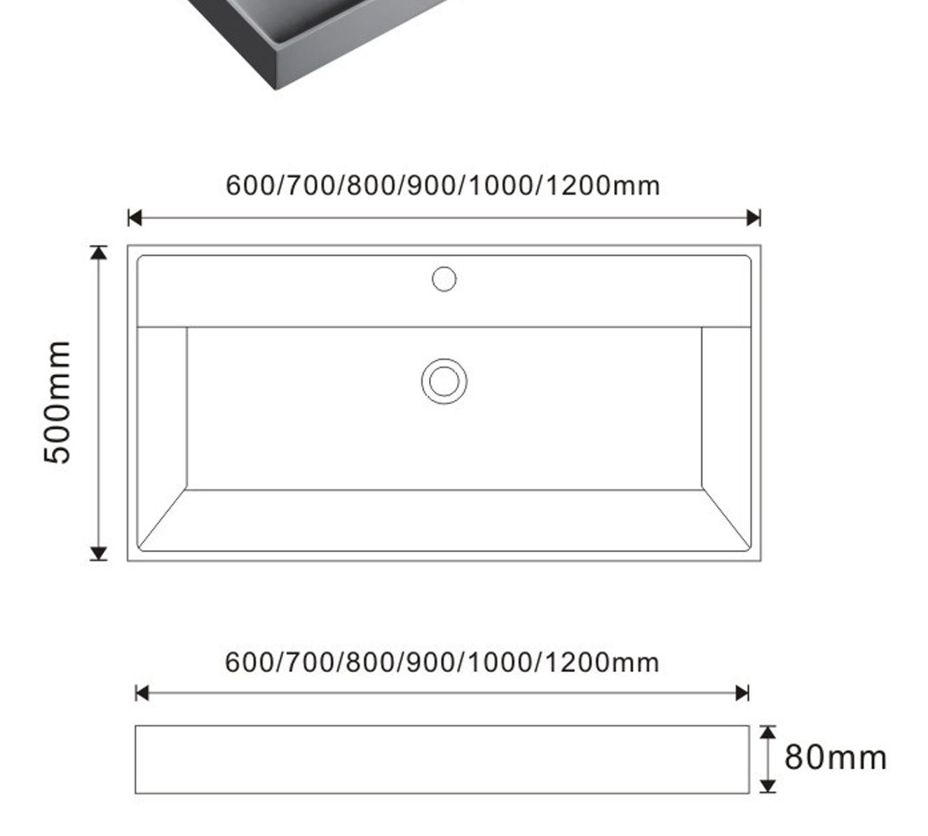 2006 Grey Rectangular Solid Surface Integrated Vanity Basin A technical drawing and dimensions
