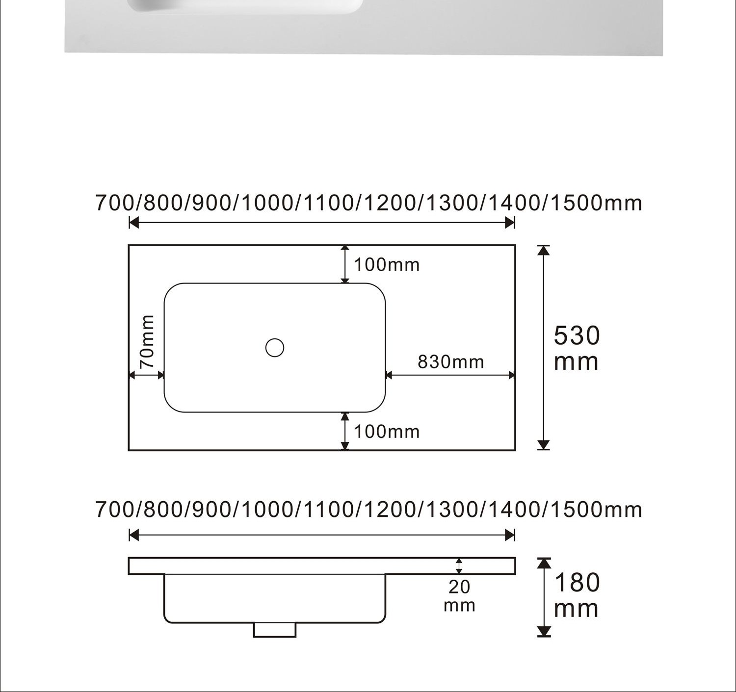 2202 White Rectangular Solid Surface Integrated Vanity Basin technical drawing and dimensions