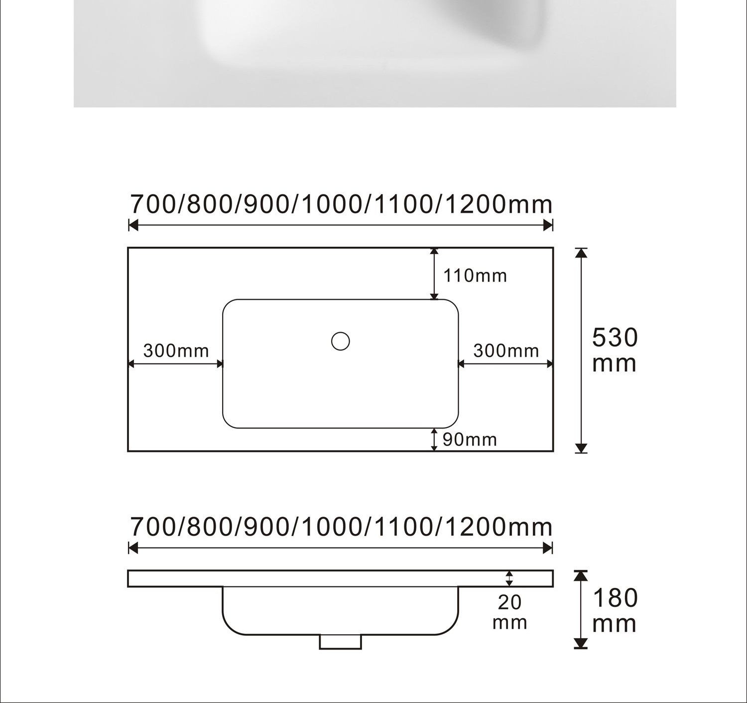 2203 White Rectangular Solid Surface Integrated Vanity Basin technical drawing and dimensions