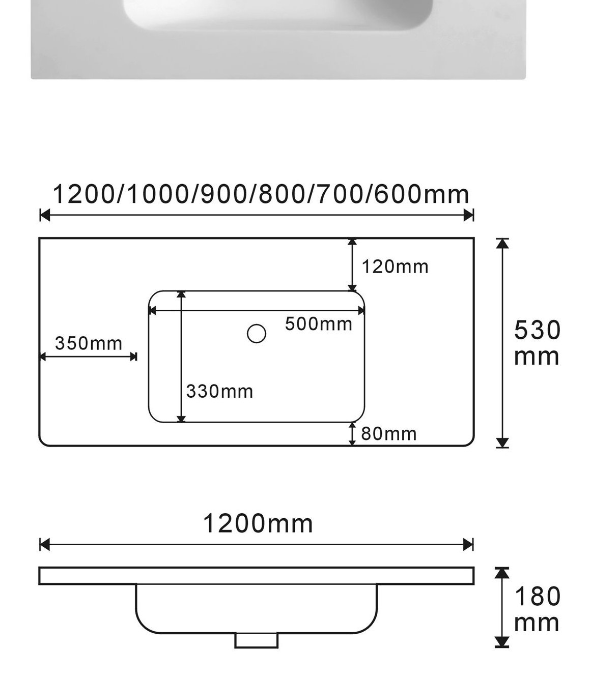 2303 White Rectangular Solid Surface Integrated Vanity Basin technical drawing and dimensions