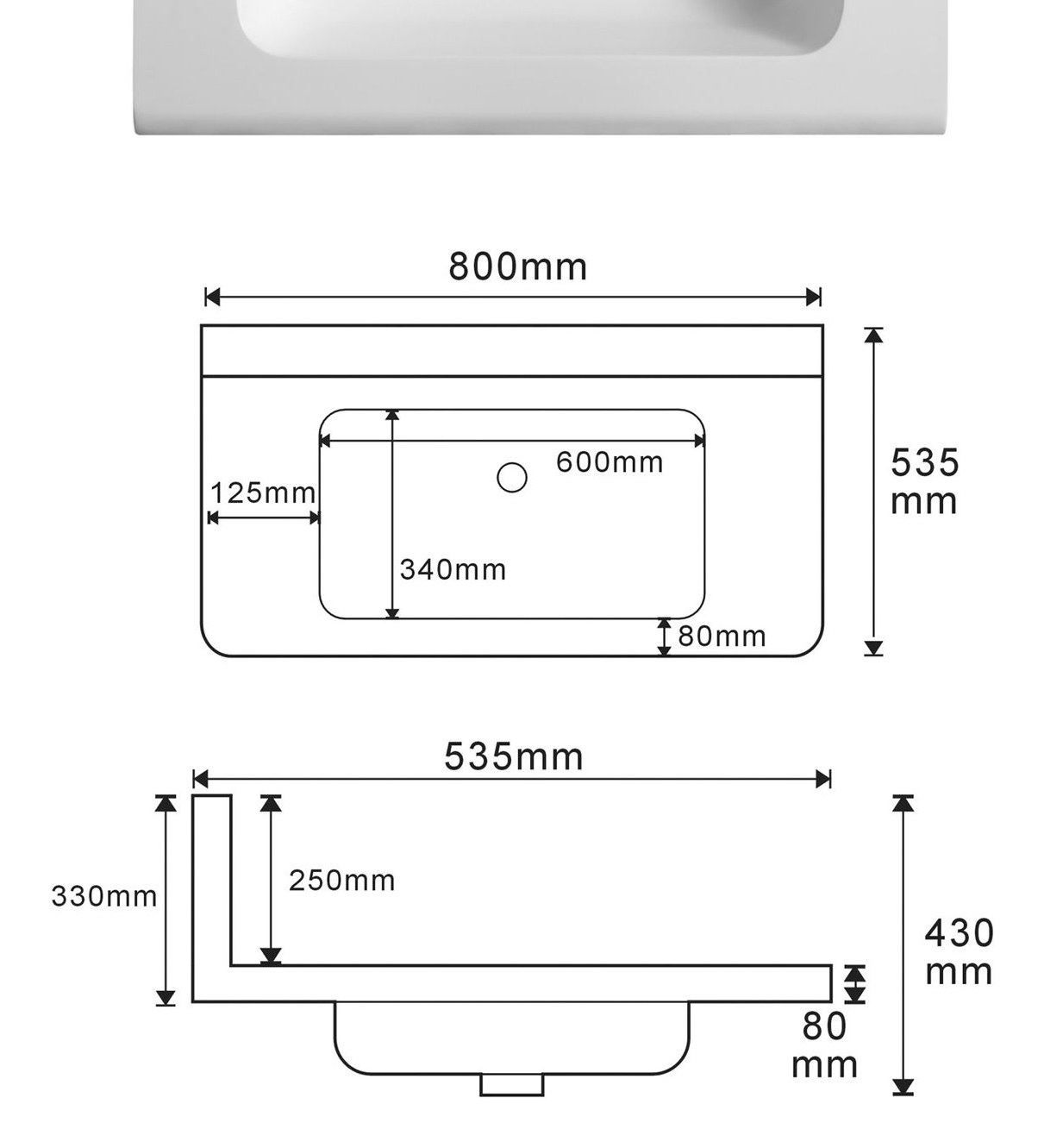 2308 White Rectangular Solid Surface Custom Basin technical drawing and dimensions