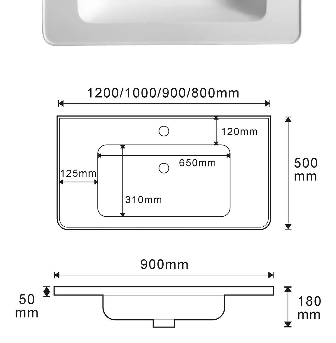 2403 White Rectangular Solid Surface Custom Basin technical drawing and dimensions
