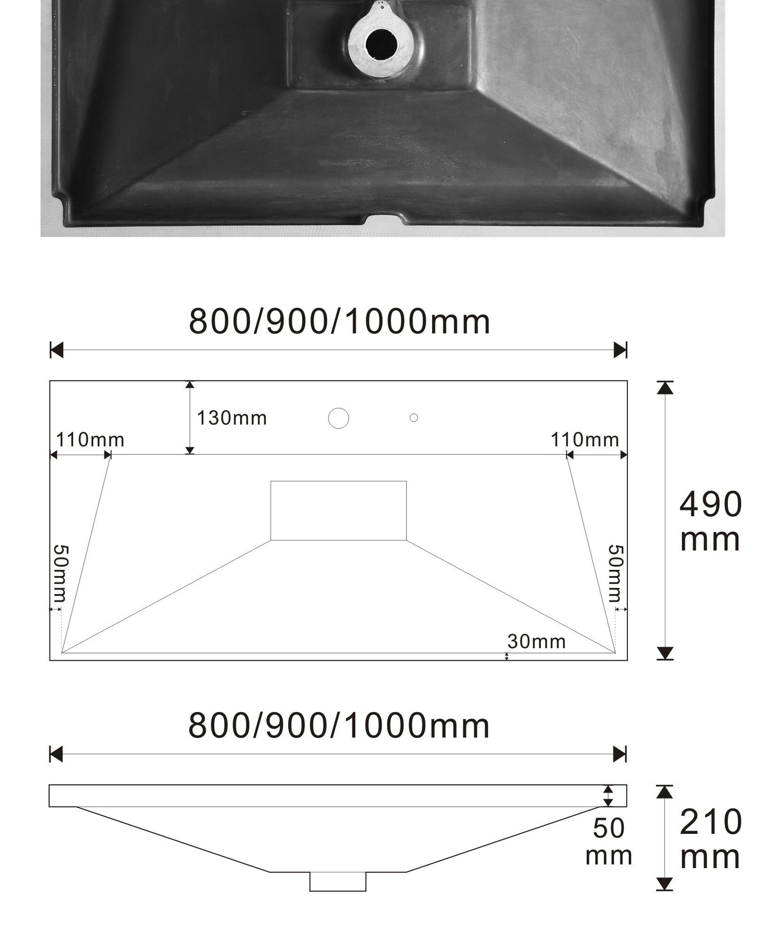 2803 Grey Rectangular Solid Surface Custom Basin technical drawing and dimensions