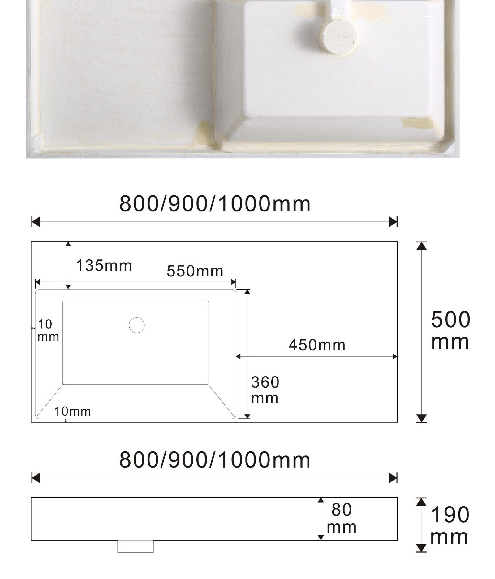 2806 Black Rectangular Solid Surface Integrated Vanity Basin technical drawing and dimensions