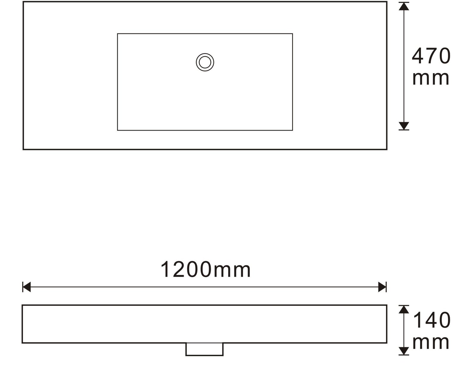 3003-120 White Long Rectangular Solid Surface Long Vanity Top Basin technical drawing and dimensions