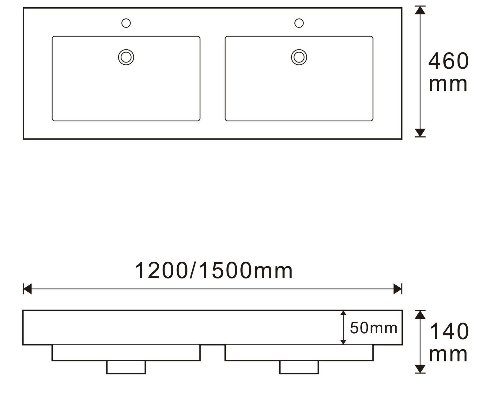 3003 White Rectangular Solid Surface Integrated Vanity Basin A technical drawing and dimensions
