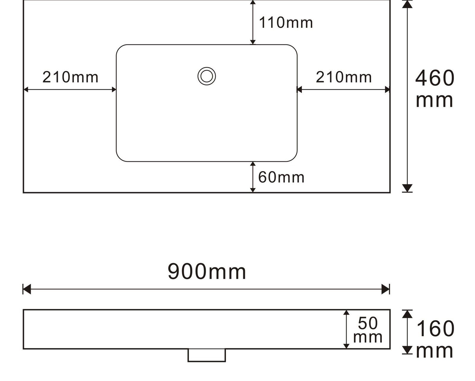 3017 White Rectangular Solid Surface Integrated Vanity Basin technical drawing and dimensions
