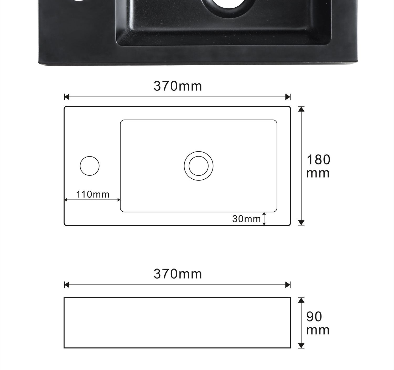 3053 Black Rectangular Solid Surface Custom Basin technical drawing and dimensions