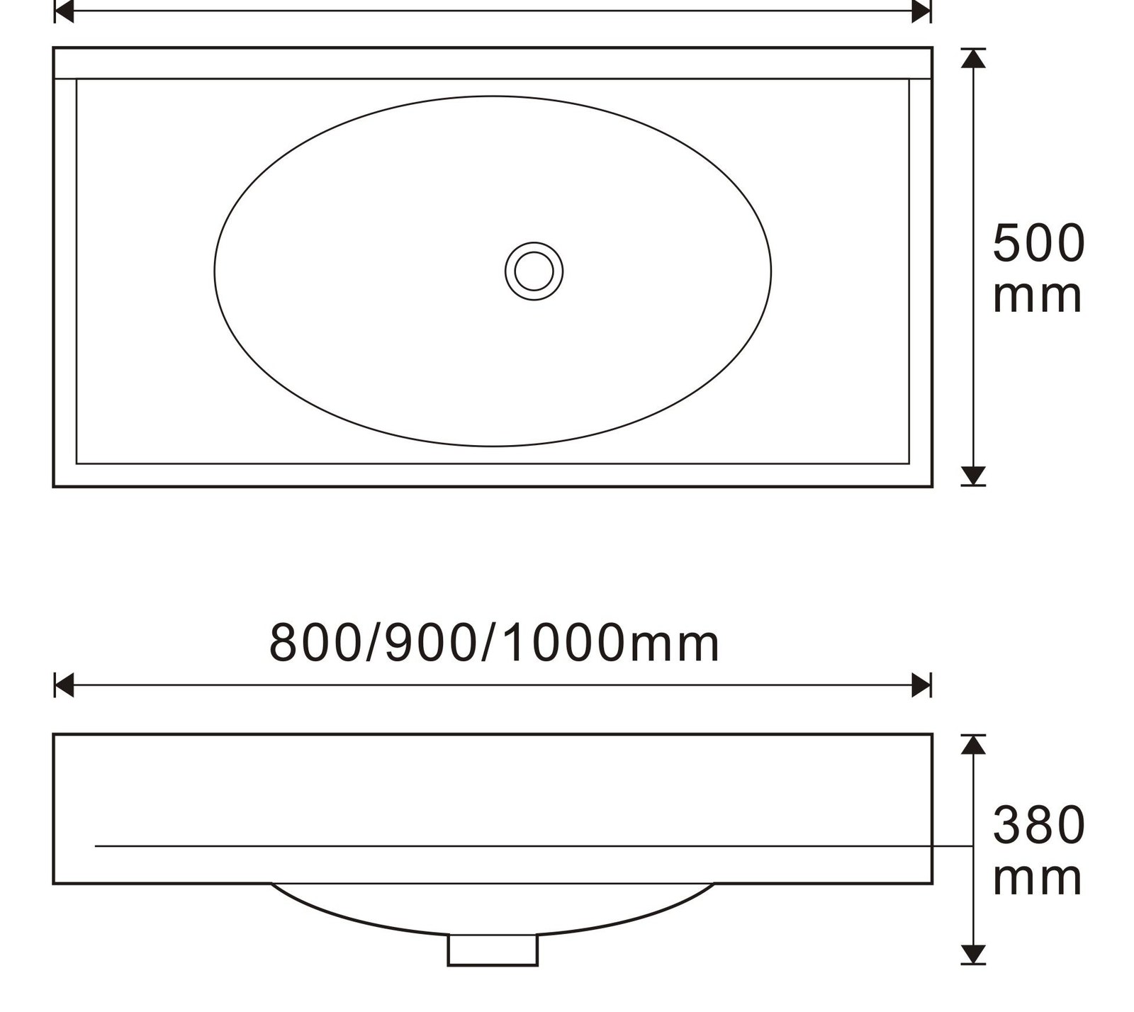 3218 White Rectangular Solid Surface Custom Basin technical drawing and dimensions