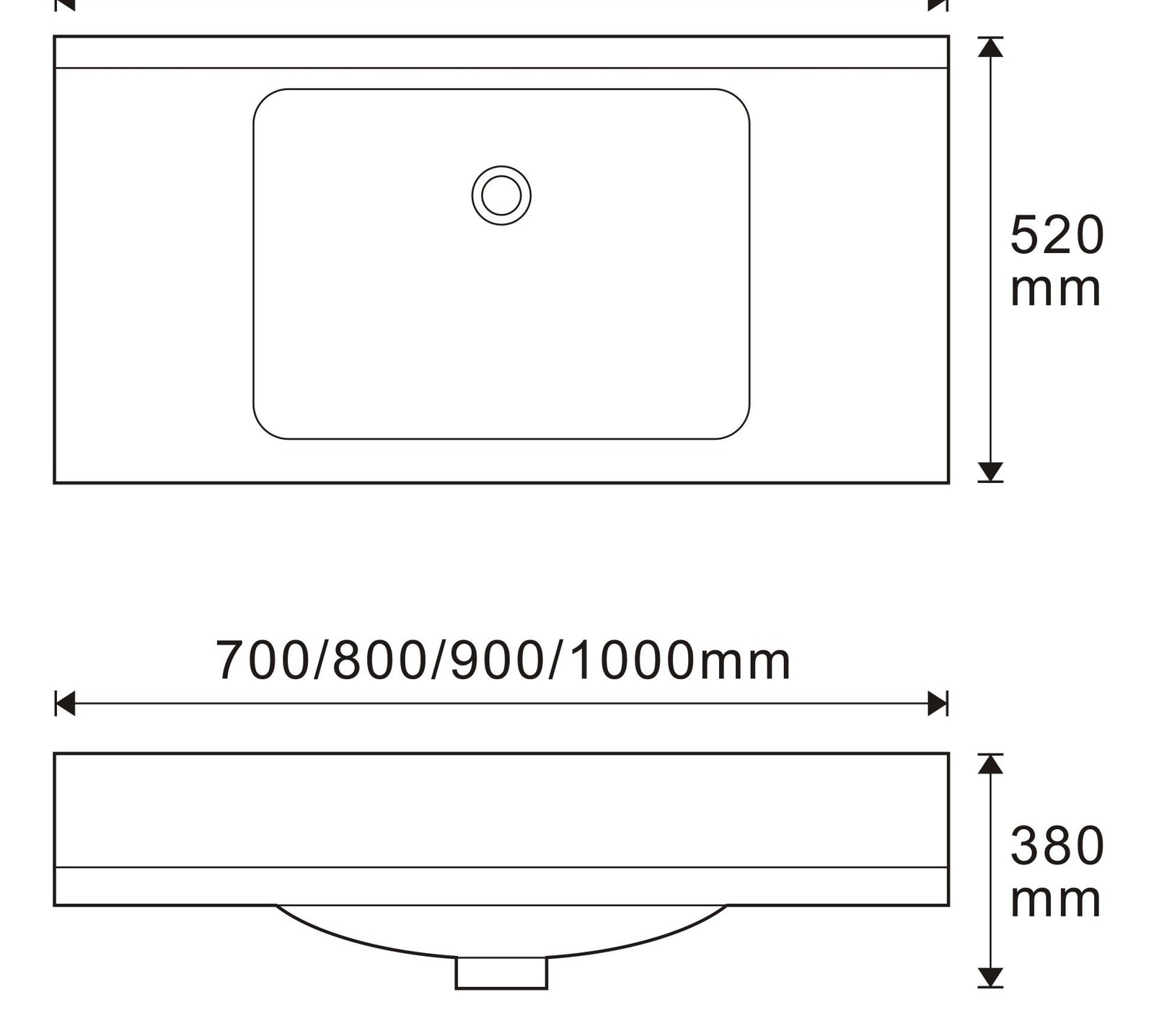 3510 White Rectangular Solid Surface Custom Basin technical drawing and dimensions