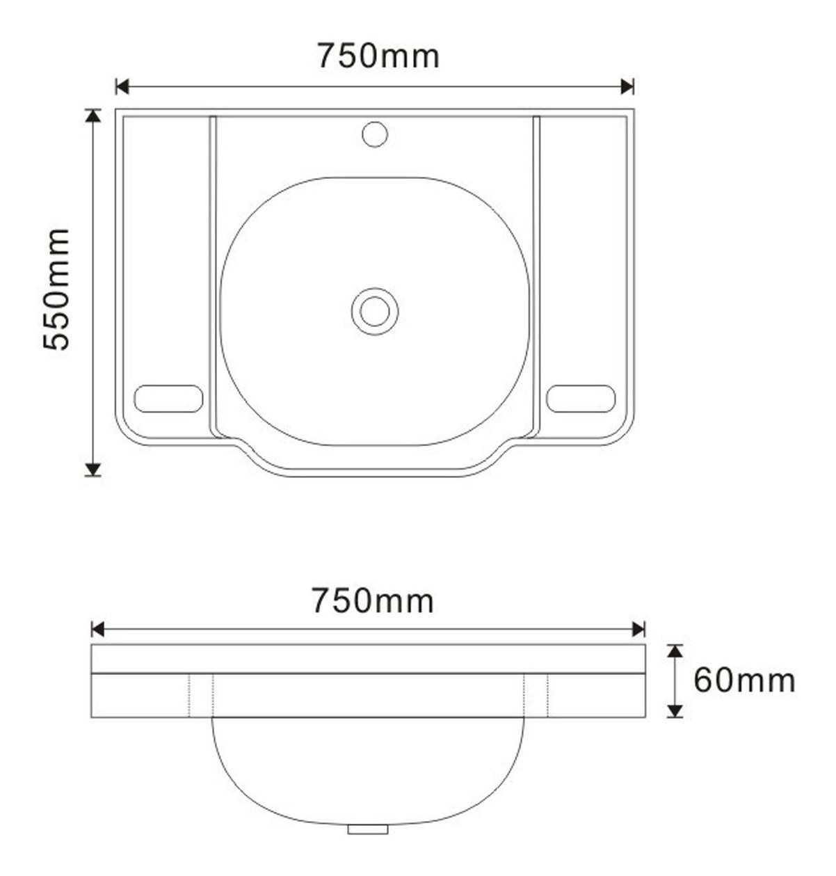5503 White Rectangular Solid Surface Custom Basin technical drawing and dimensions