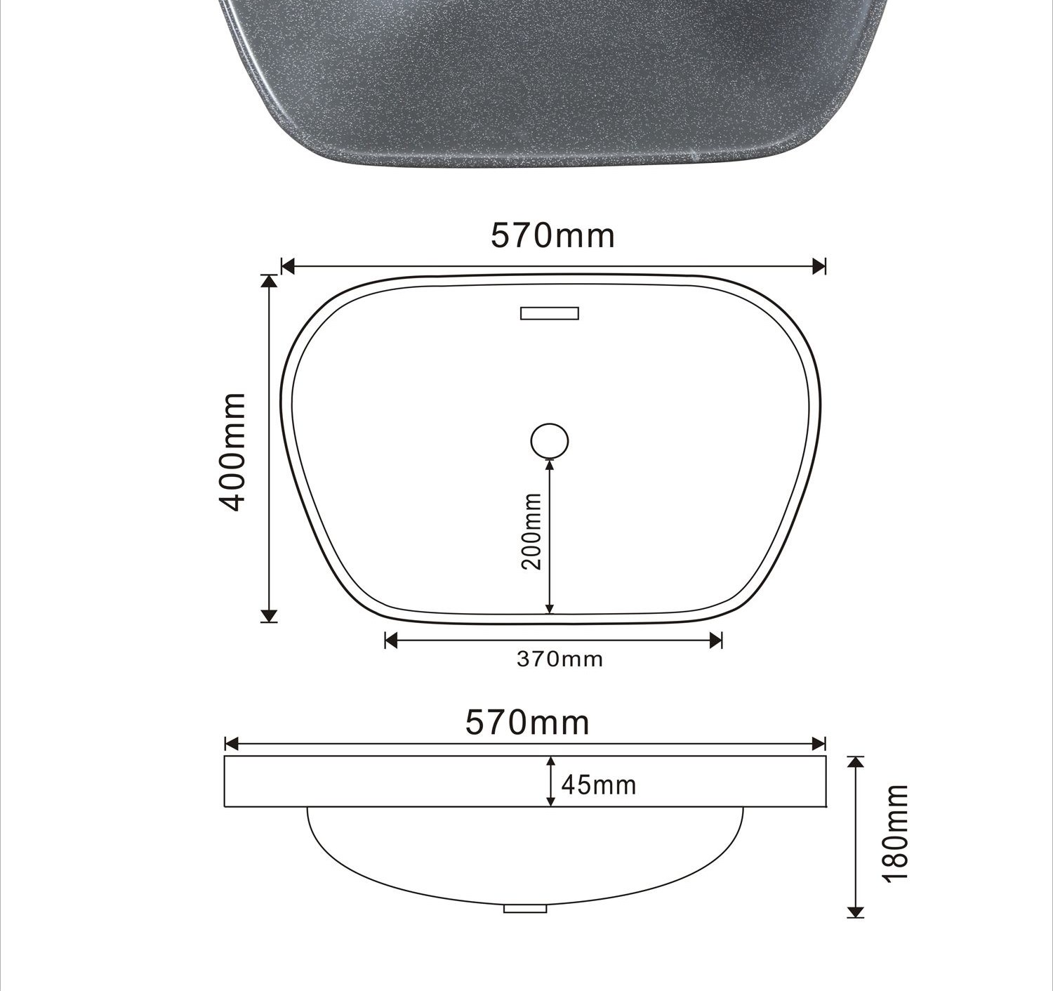 5507 Grey Rectangular Solid Surface Custom Basin technical drawing and dimensions