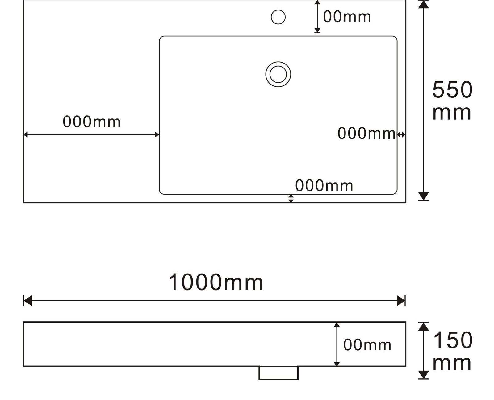 8820 White Rectangular Solid Surface Integrated Vanity Basin technical drawing and dimensions