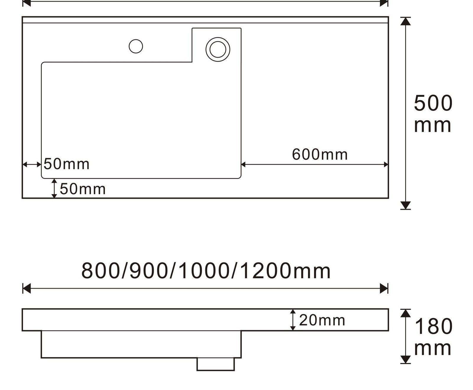 B860 White Rectangular Solid Surface Custom Basin technical drawing and dimensions