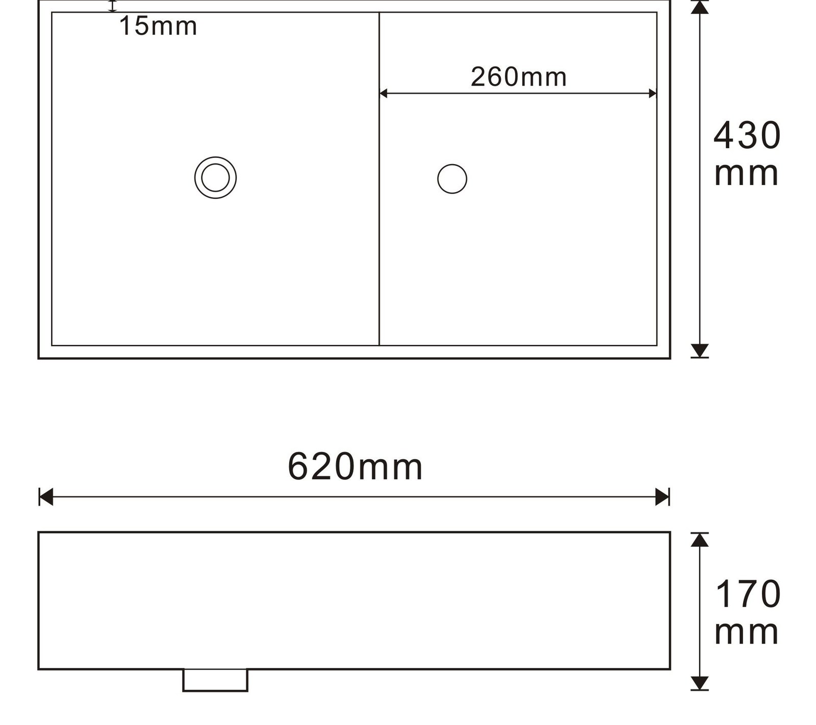 BS-01 White Rectangular Solid Surface Countertop Basin technical drawing and dimensions