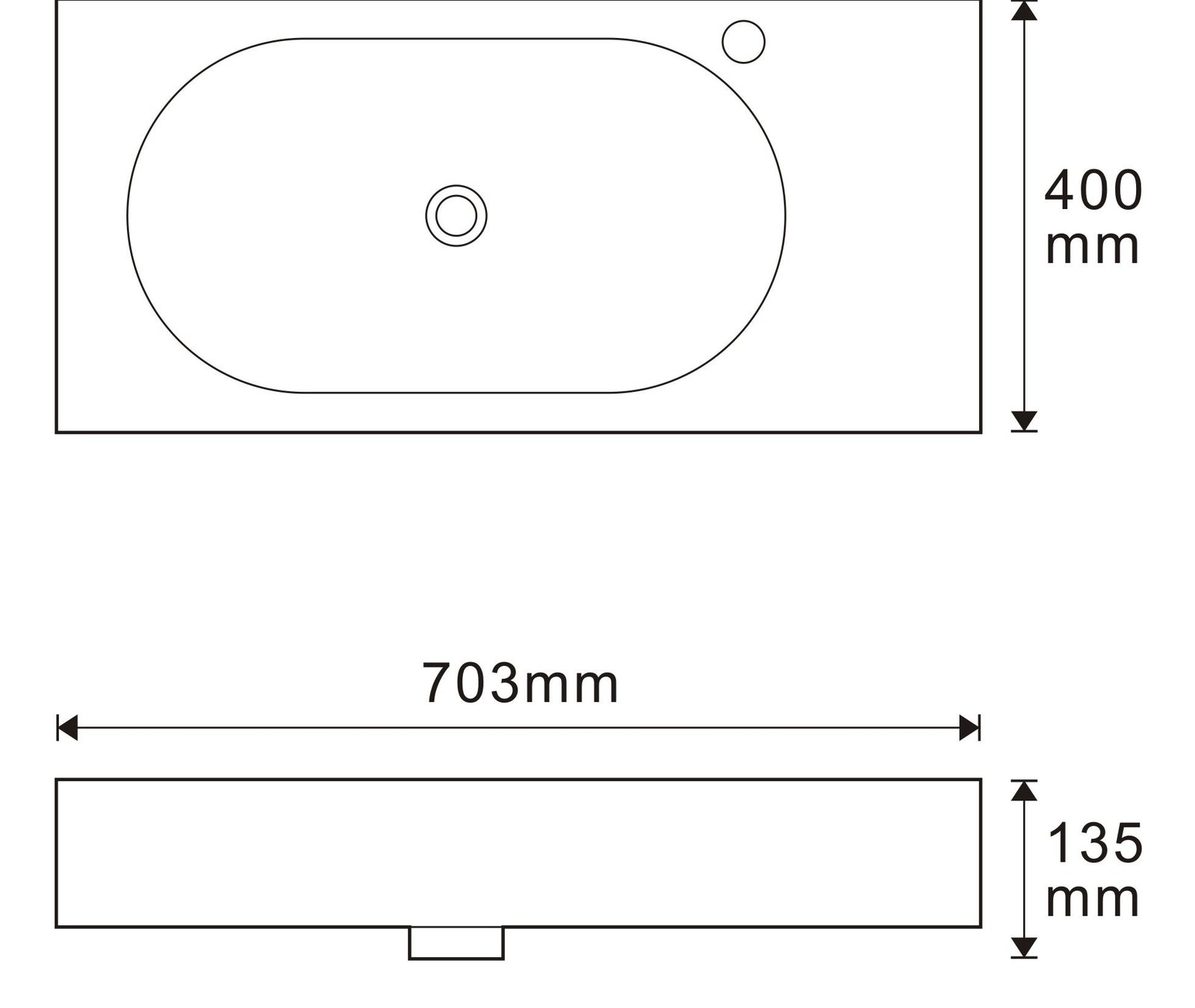 FX-11 White Rectangular Solid Surface Countertop Basin technical drawing and dimensions
