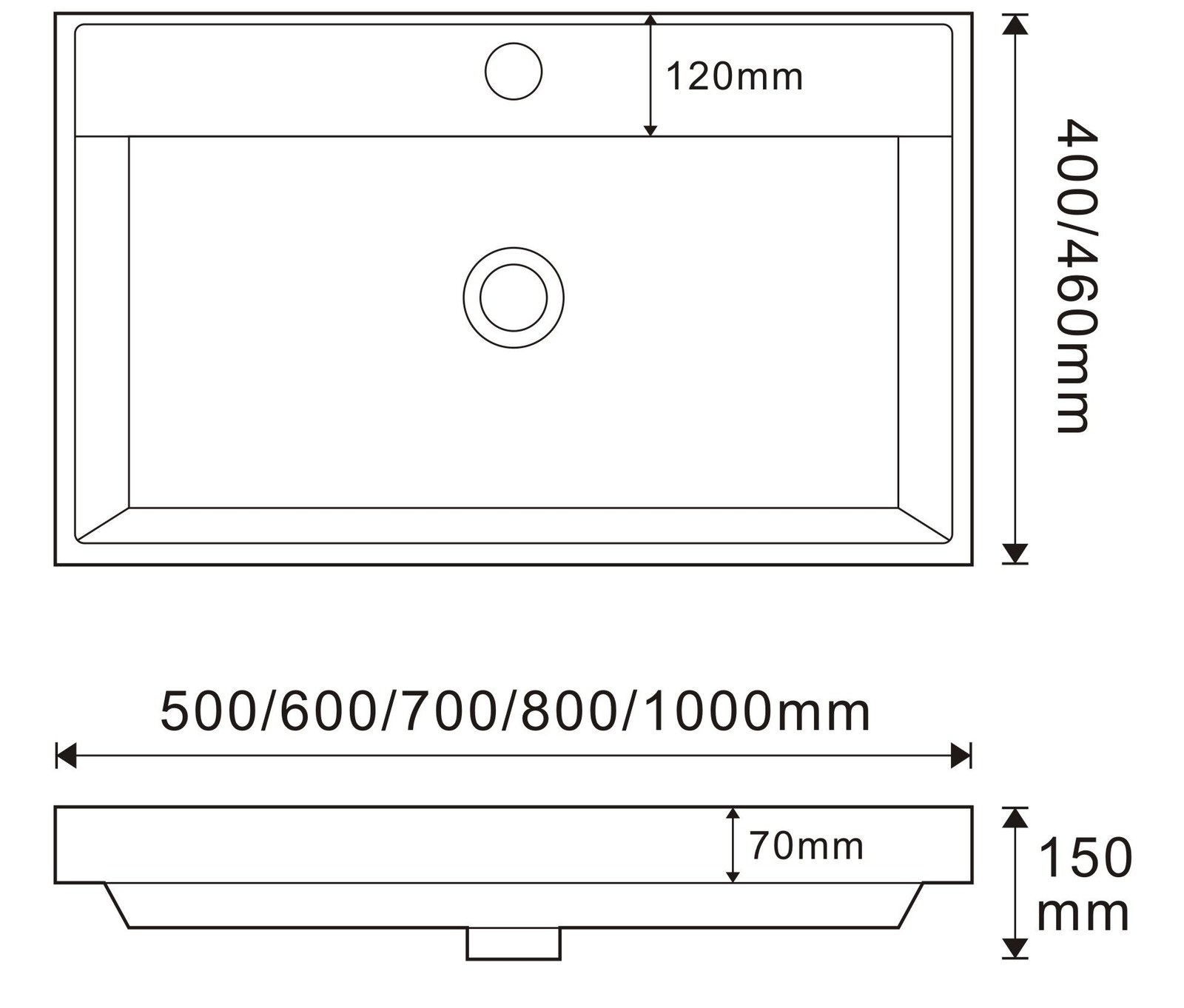 R50 White Rectangular Solid Surface Countertop Basin technical drawing and dimensions