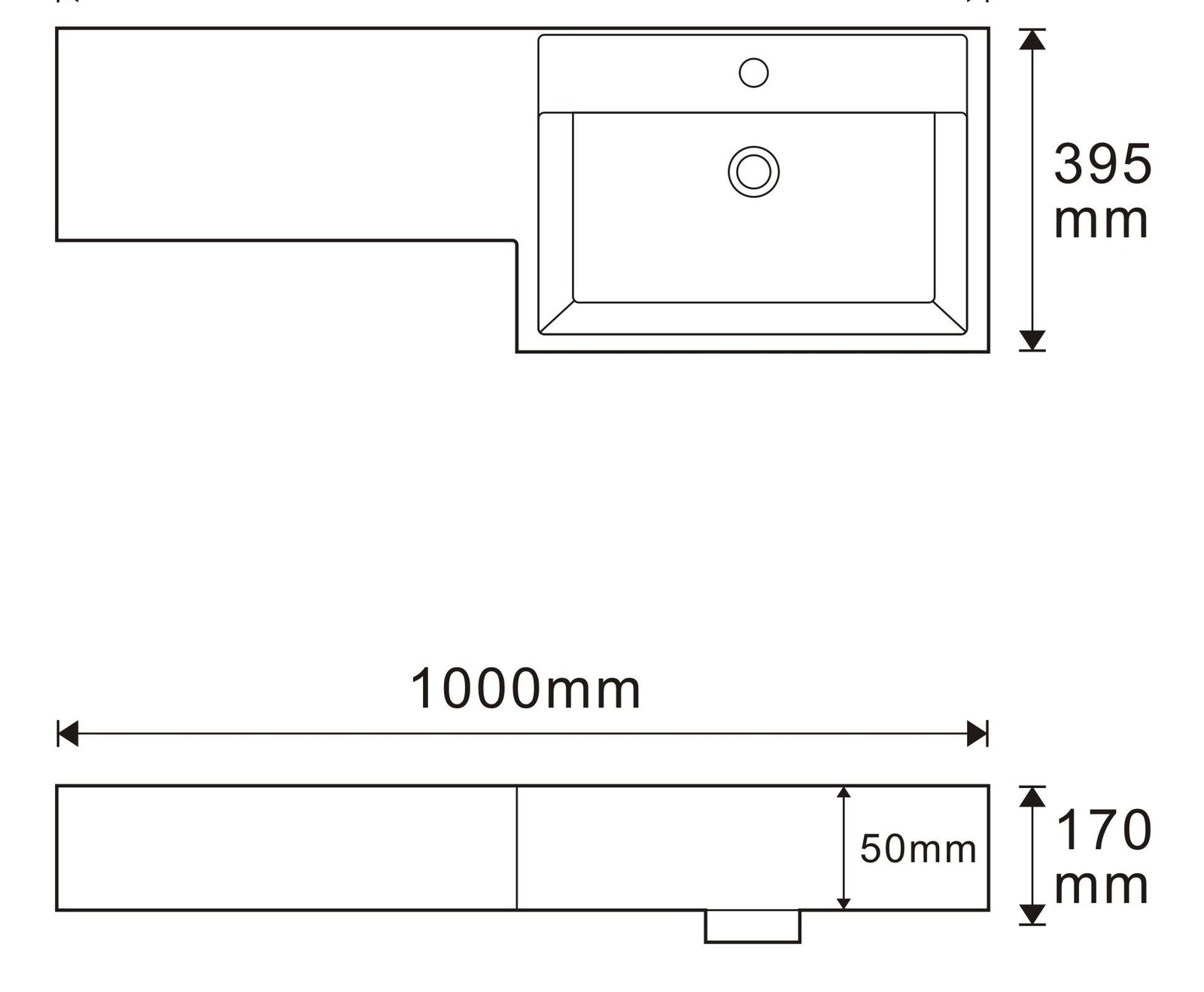 R500 White Asymmetric Solid Surface Vanity Basin with Right Bowl technical drawing and dimensions