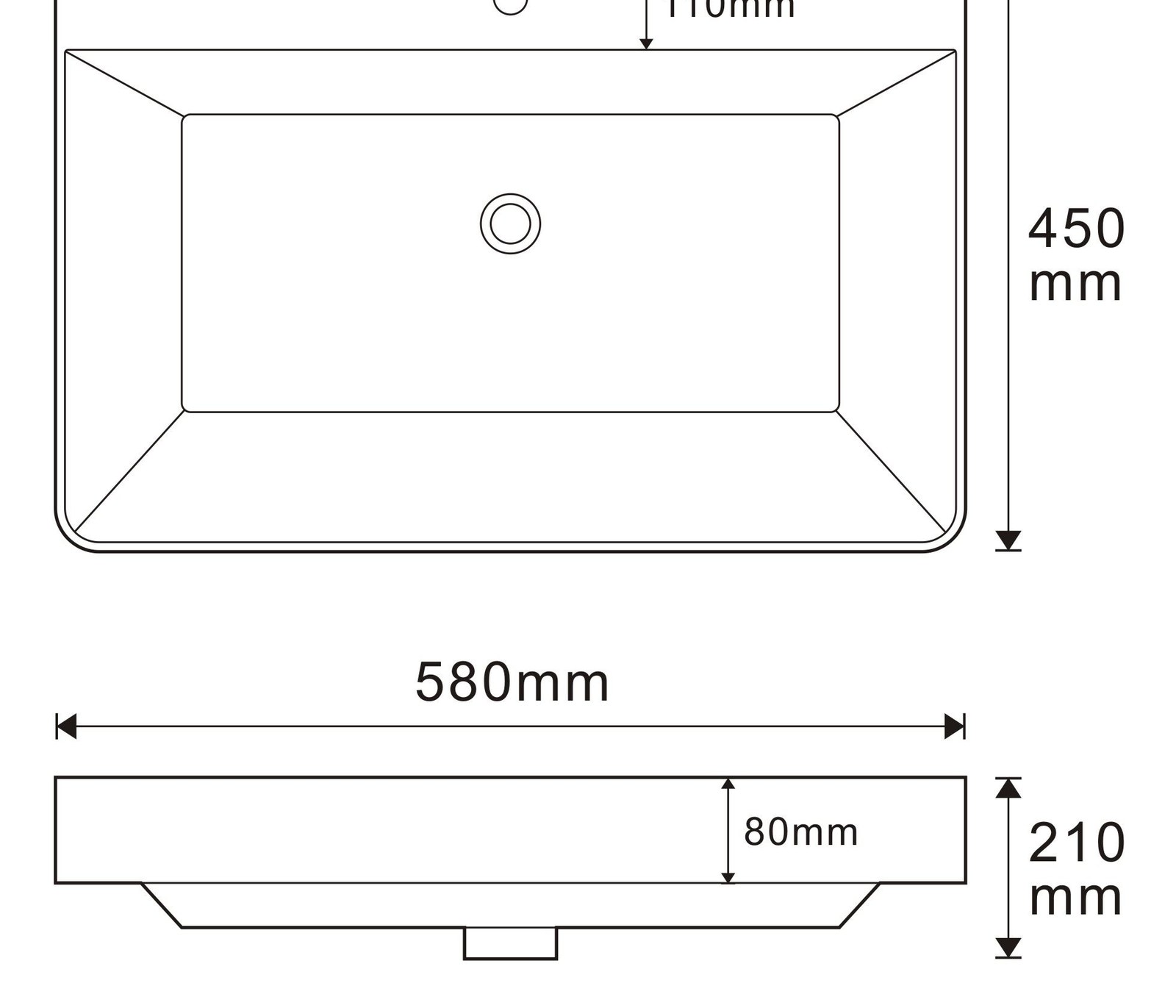 R6066 White Rectangular Solid Surface Countertop Basin technical drawing and dimensions