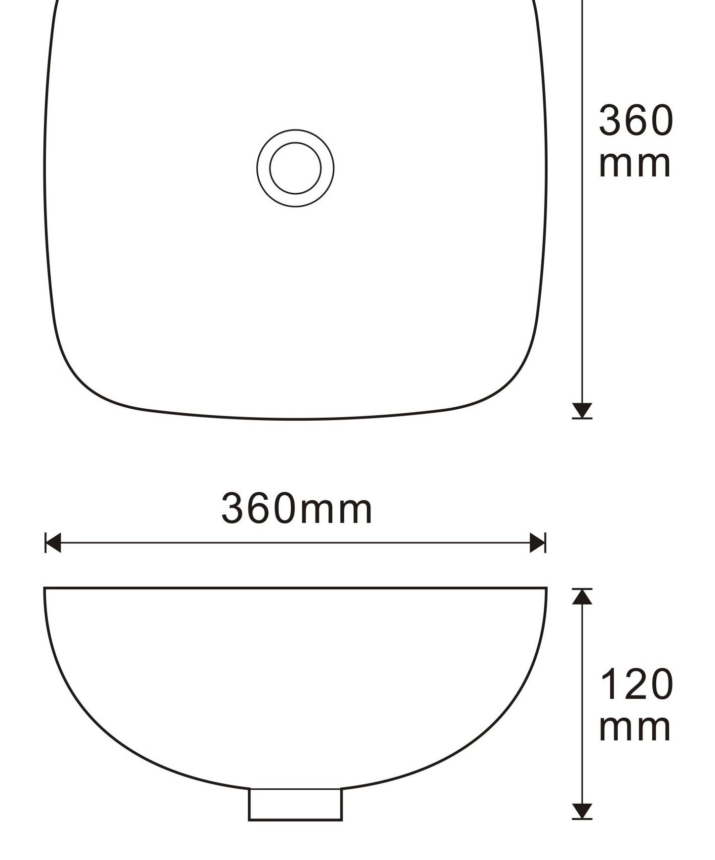 STB3636 White Rectangular Solid Surface Countertop Basin technical drawing and dimensions