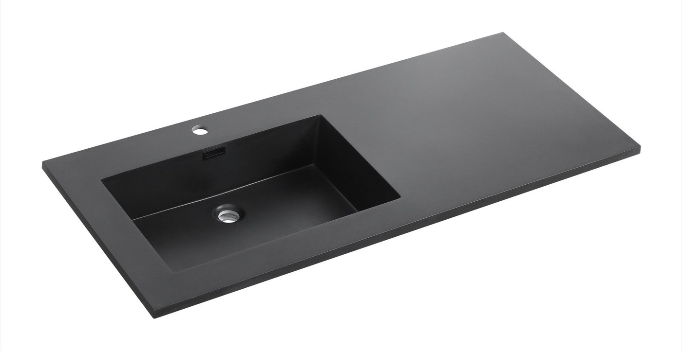 2001 Black Long Rectangular Solid Surface Integrated Vanity Basin with Left Bowl