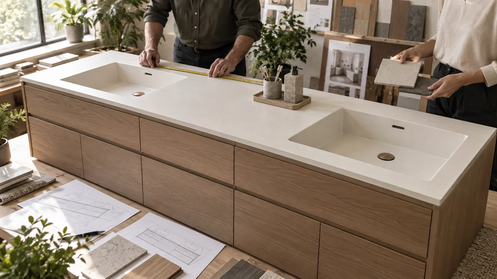 Double-Basin Solid Surface Vanity Planning: Spacing, Storage and Plumbing