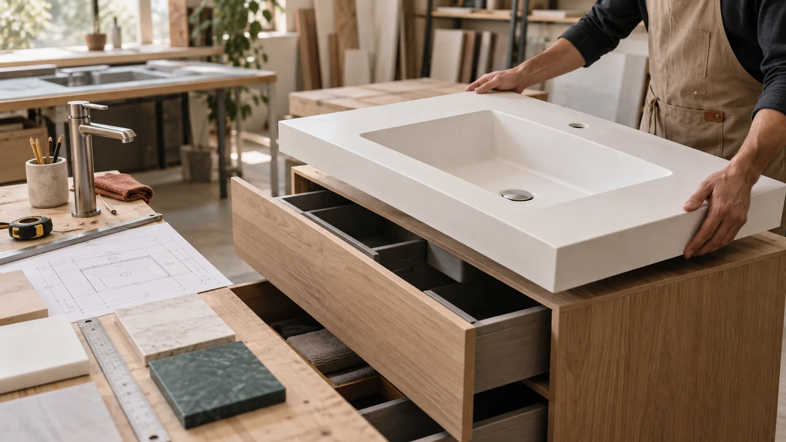 Matching Solid Surface Basins with Bathroom Vanity Cabinets
